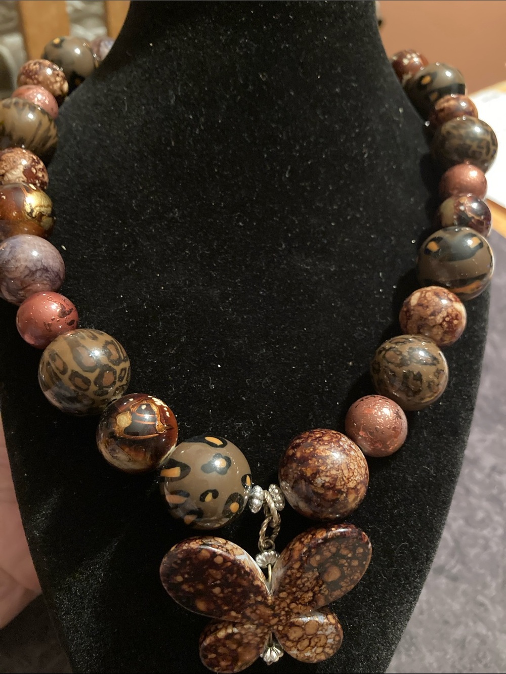 Extraordinary Handcrafted Marbled Bead Butterfly Pendant Necklace
